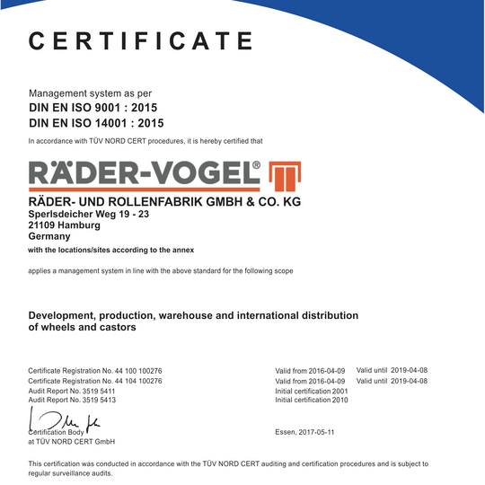 Quality and environment management award for RÄDER-VOGEL